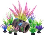 A colorful Ameliade 12-piece aquarium decoration set featuring a broken barrel cave and various artificial plastic plants.