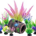 A colorful Ameliade 12-piece aquarium decoration set featuring a broken barrel cave and various artificial plastic plants.