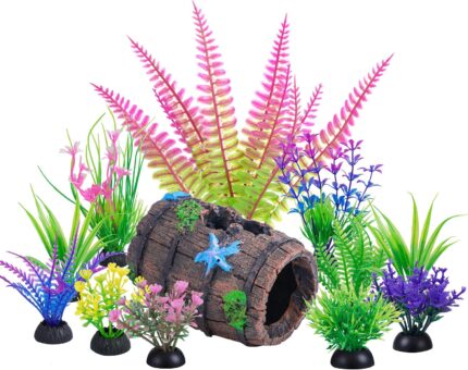 A colorful Ameliade 12-piece aquarium decoration set featuring a broken barrel cave and various artificial plastic plants.