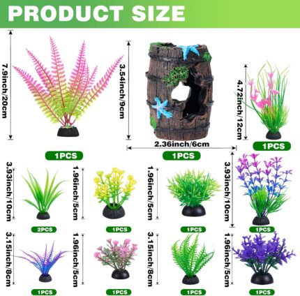 A colorful Ameliade 12-piece aquarium decoration set featuring a broken barrel cave and various artificial plastic plants.