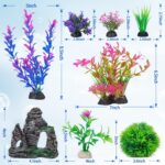 A colorful 8-piece set of Ameliade artificial aquarium plastic plants and a rock cave decoration for fish tanks.
