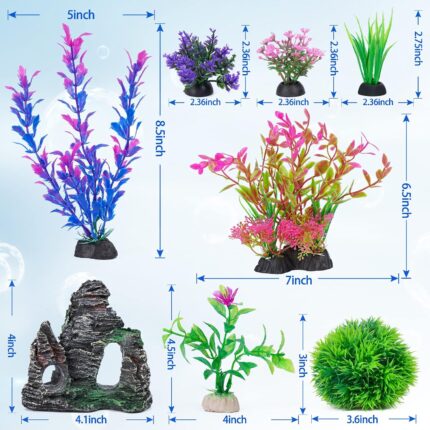 A colorful 8-piece set of Ameliade artificial aquarium plastic plants and a rock cave decoration for fish tanks.