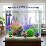 A colorful 8-piece set of Ameliade artificial aquarium plastic plants and a rock cave decoration for fish tanks.