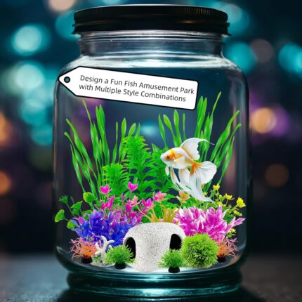 A 16-piece BOYIEENTER aquarium decoration set featuring colorful artificial plastic plants and a smooth fish cave rock.