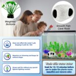 A 16-piece BOYIEENTER aquarium decoration set featuring colorful artificial plastic plants and a smooth fish cave rock.