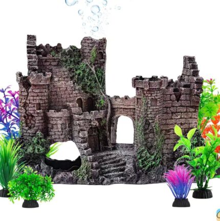 An ancient castle aquarium decoration set with a bubbler and seven artificial green plants in a fish tank.