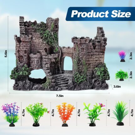 An ancient castle aquarium decoration set with a bubbler and seven artificial green plants in a fish tank.