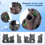 An ancient castle aquarium decoration set with a bubbler and seven artificial green plants in a fish tank.