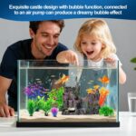 An ancient castle aquarium decoration set with a bubbler and seven artificial green plants in a fish tank.