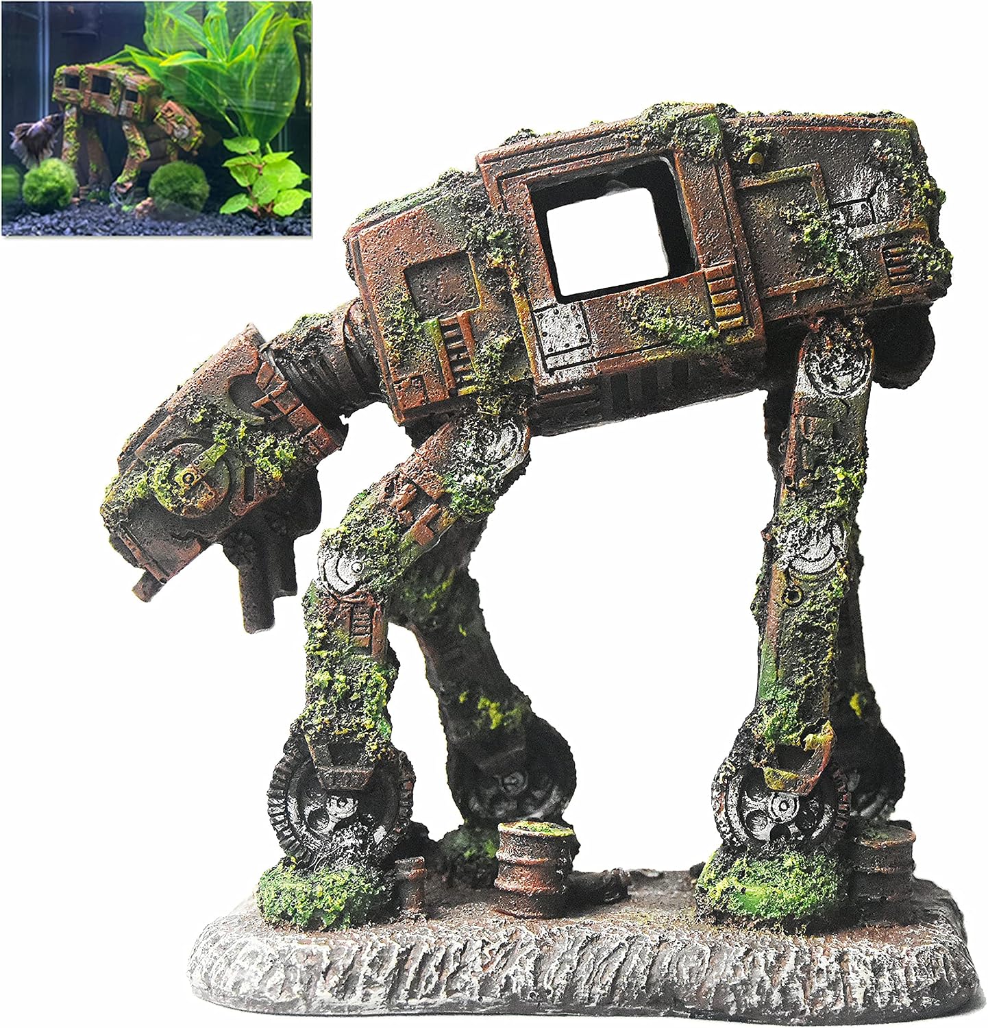 fazhongfa-star-wars-at-at-walker-small-aquarium-decor-for-betta-goldfish-01 Small fazhongfa Star Wars AT-AT Walker resin aquarium decoration with fake moss details, suitable for fish tanks.