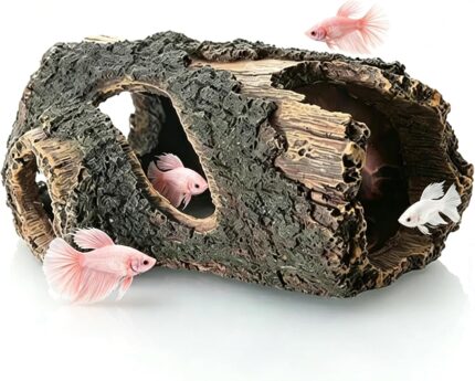 A brown, textured resin tree trunk aquarium decoration with multiple holes, providing a hiding spot for small fish.
