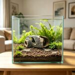 A brown, textured resin tree trunk aquarium decoration with multiple holes, providing a hiding spot for small fish.