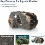 A brown, textured resin tree trunk aquarium decoration with multiple holes, providing a hiding spot for small fish.