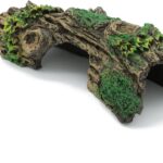 A brown resin hollow tree trunk aquarium ornament with three openings, designed for fish to hide and play.