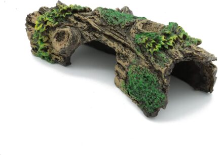 A brown resin hollow tree trunk aquarium ornament with three openings, designed for fish to hide and play.