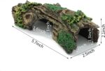A brown resin hollow tree trunk aquarium ornament with three openings, designed for fish to hide and play.