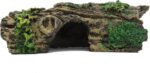 A brown resin hollow tree trunk aquarium ornament with three openings, designed for fish to hide and play.