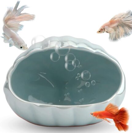 A blue ceramic shell-shaped hideout for an aquarium, designed for betta fish and other small aquatic creatures.