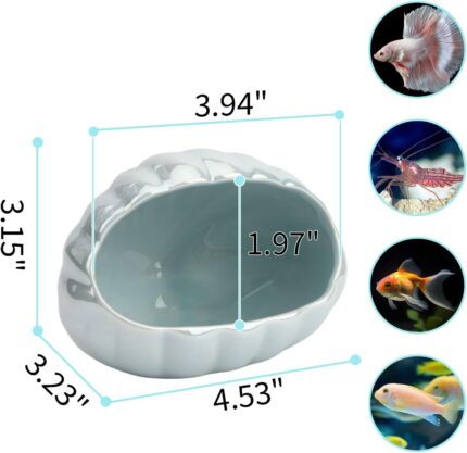 A blue ceramic shell-shaped hideout for an aquarium, designed for betta fish and other small aquatic creatures.