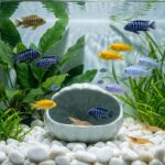 A blue ceramic shell-shaped hideout for an aquarium, designed for betta fish and other small aquatic creatures.