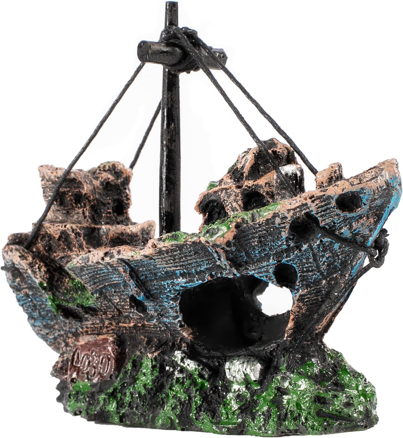 raeasily-shipwreck-resin-aquarium-ornament-5-5-realistic-fish-tank-decor-01 A detailed, multicolor Raeasily shipwreck resin aquarium ornament depicting a sunken vessel amidst aquatic plants, adding cha