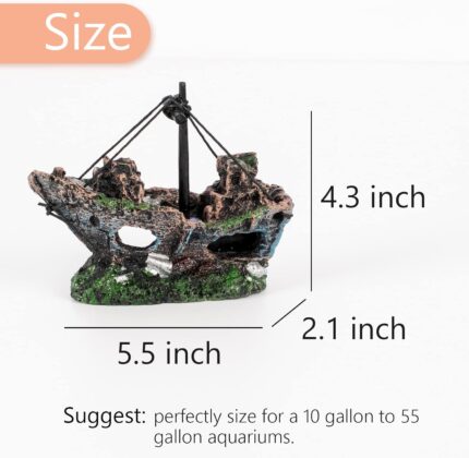 A detailed, multicolor Raeasily shipwreck resin aquarium ornament depicting a sunken vessel amidst aquatic plants, adding cha