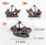 A detailed, multicolor Raeasily shipwreck resin aquarium ornament depicting a sunken vessel amidst aquatic plants, adding cha