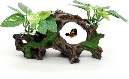 Textured resin artificial driftwood cave with silk plants, suitable for fish tanks and terrariums, offering a naturalistic hi