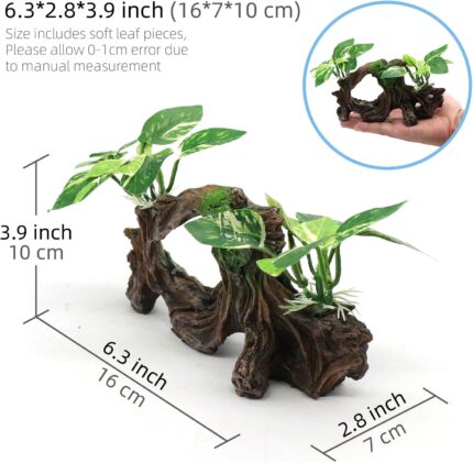 Textured resin artificial driftwood cave with silk plants, suitable for fish tanks and terrariums, offering a naturalistic hi