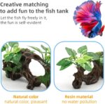 Textured resin artificial driftwood cave with silk plants, suitable for fish tanks and terrariums, offering a naturalistic hi