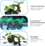 Textured resin artificial driftwood cave with silk plants, suitable for fish tanks and terrariums, offering a naturalistic hi