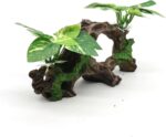 Textured resin artificial driftwood cave with silk plants, suitable for fish tanks and terrariums, offering a naturalistic hi
