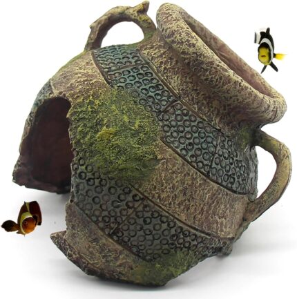 Yellow and green relaqcc Leaning Vase Hideaway Cave aquarium decor, suitable for fish and reptiles.