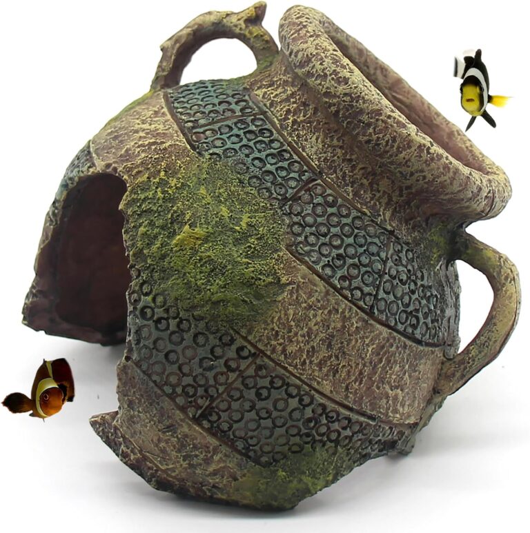 Yellow and green relaqcc Leaning Vase Hideaway Cave aquarium decor, suitable for fish and reptiles.