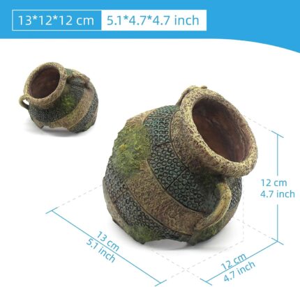 Yellow and green relaqcc Leaning Vase Hideaway Cave aquarium decor, suitable for fish and reptiles.