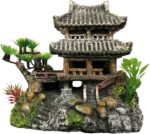 Multicolor resin castle aquarium decoration featuring an Eastern Tower design, providing shelter for fish.