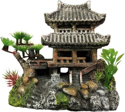 Multicolor resin castle aquarium decoration featuring an Eastern Tower design, providing shelter for fish.