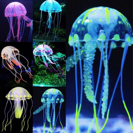 Six colorful silicone jellyfish ornaments in blue, purple, green, orange, pink, and yellow floating in a fish tank under blue