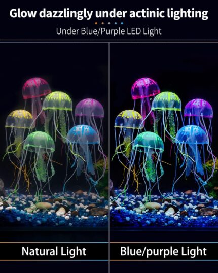 Six colorful silicone jellyfish ornaments in blue, purple, green, orange, pink, and yellow floating in a fish tank under blue