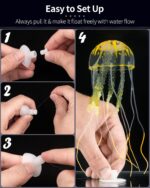Six colorful silicone jellyfish ornaments in blue, purple, green, orange, pink, and yellow floating in a fish tank under blue