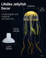 Six colorful silicone jellyfish ornaments in blue, purple, green, orange, pink, and yellow floating in a fish tank under blue
