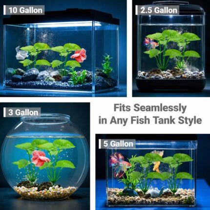 Two UreverFins artificial silk aquarium plants with driftwood bases, realistic green and brown colors, in a fish tank.