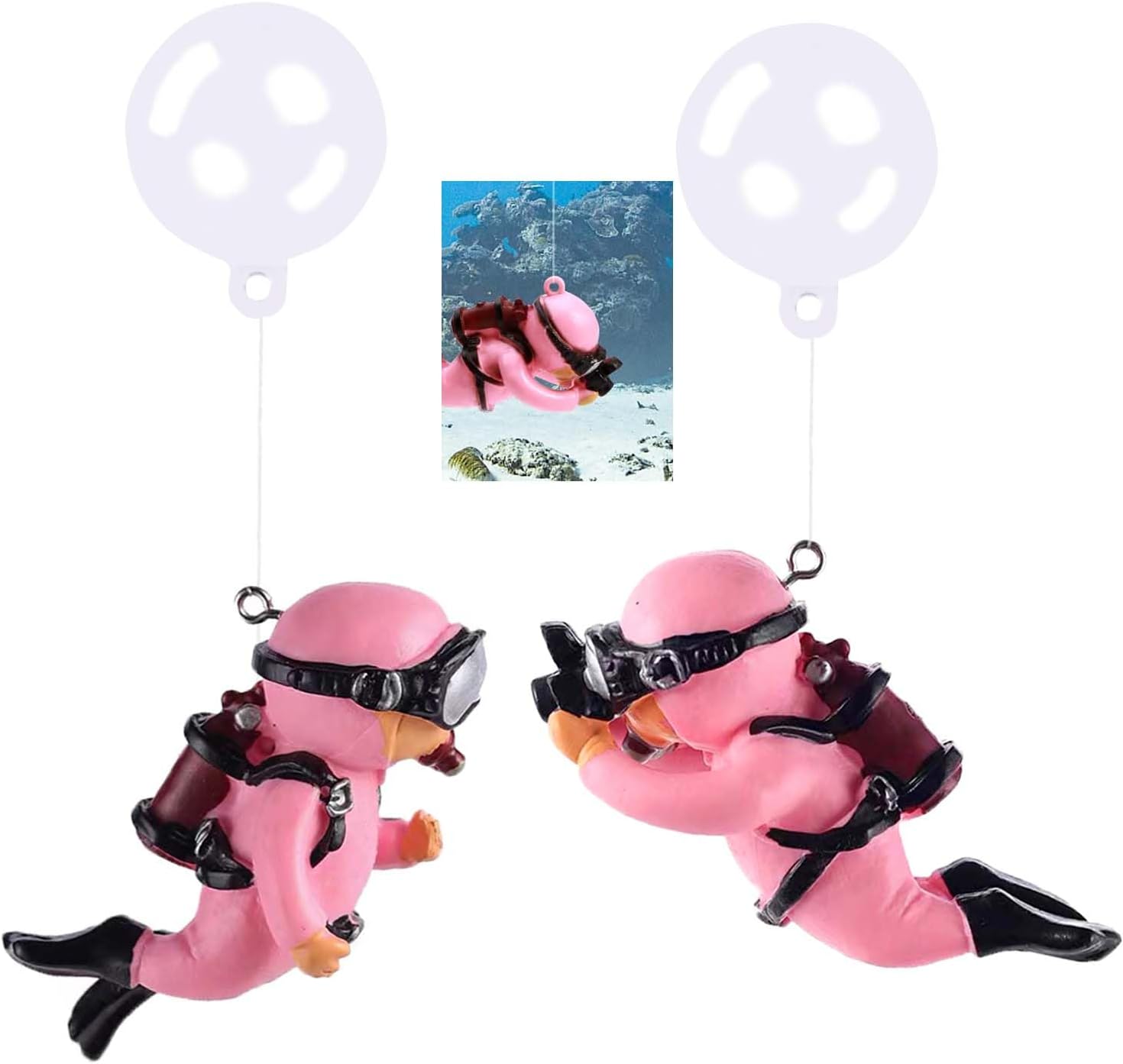 wonfly-pink-floating-diver-aquarium-ornaments-2-pack-resin-fish-tank-decoration-01 Two pink floating diver ornaments with tiny oxygen tanks and cameras, submerged in a clear fish tank with bubbles.