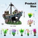 An 8-piece aquarium decoration set featuring a multicolored resin sunken ship and seven artificial green aquatic plants.