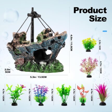 An 8-piece aquarium decoration set featuring a multicolored resin sunken ship and seven artificial green aquatic plants.