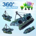An 8-piece aquarium decoration set featuring a multicolored resin sunken ship and seven artificial green aquatic plants.