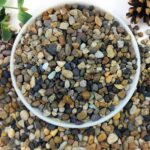 A clear bag filled with 5 pounds of multicolor, rounded 1/4-inch natural river rocks, suitable for aquariums and plants.