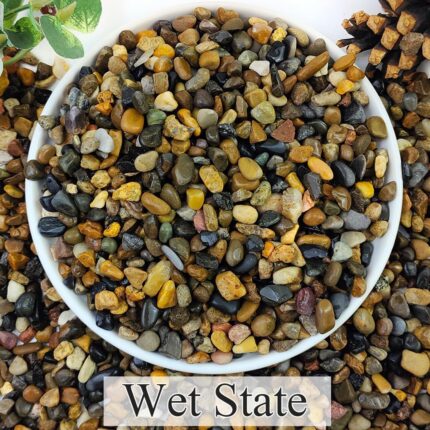 A clear bag filled with 5 pounds of multicolor, rounded 1/4-inch natural river rocks, suitable for aquariums and plants.
